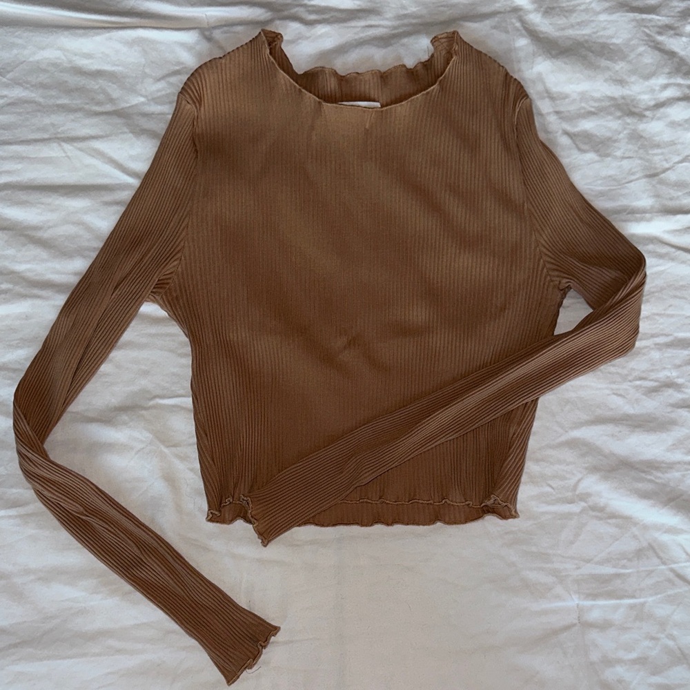 Ribbed Tan Long Sleeve Cropped Top
